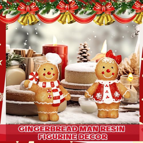Moucuny Christmas Gingerbread Man Figurines - 2-Piece Resin Decor with Chef Hat & Scarf | Festive Home Kitchen Decoration