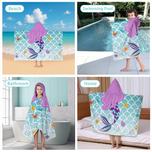 gdhiybf Mermaid Hooded Towels for Kids 30" x 50" Soft Absorbent Toddler Beach Towel for Swim Pool Wearable Bath Poncho Wrap for Girls Toddlers Children 3-12 Years