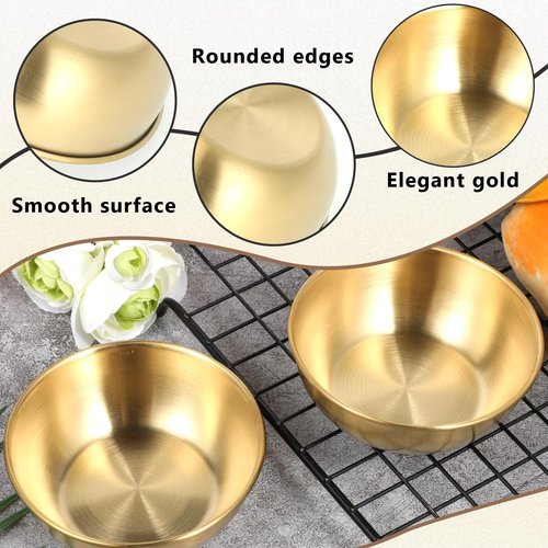 Zelphvt 4 Pack Small Gold Bowl, 3.2 Inch Stainless Steel Sauce Dishes Mini Individual Sauce Cups Seasoning Soy Sushi Dipping Bowl Charcuterie Board Appetizer Plates, Golden