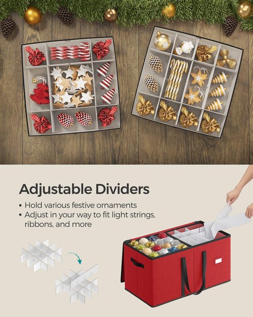 SONGMICS Christmas Ornament Storage Box, Dual Zippers, Stackable Christmas Storage Container with Lid, 8 Trays, 600D Oxford, 3-Inch 128 Slots, Cherry Red URFB035R01