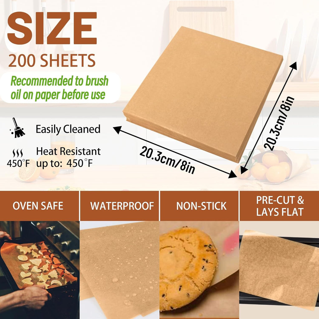 Skiennix Parchment Paper Sheets - 200 Pcs Precut Non-Stick Baking Paper | 8x8 Inch Natural Brown