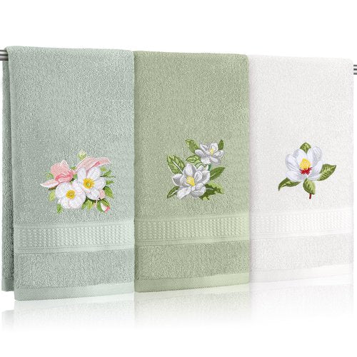 Tingjoo Magnolia Floral Hand Towels Farmhouse Green White Magnolia Bathroom Decor 14x29 Inch Embroidered Decorative Cute Summer Flowers Cotton Soft Absorbent Hand Towels for Bathroom Kitchen