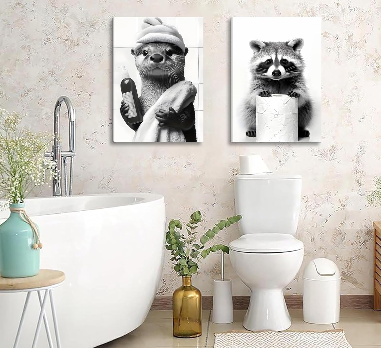Regine Switzerland 3-Pc Black & White Animal Bathroom Wall Art - Cute Bear & Raccoon Prints