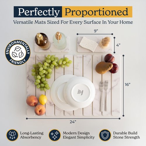 Oleex 3-Pack Stone Dish Drying Mat Set for Kitchen Counter-Collapsible Diatomaceous Earth Pad Absorbs Water & Dries Dishes Fast | Includes 1 Large 24”x16” & 2 Small 4”x9” Non-slip, Odor-Resistant Mats