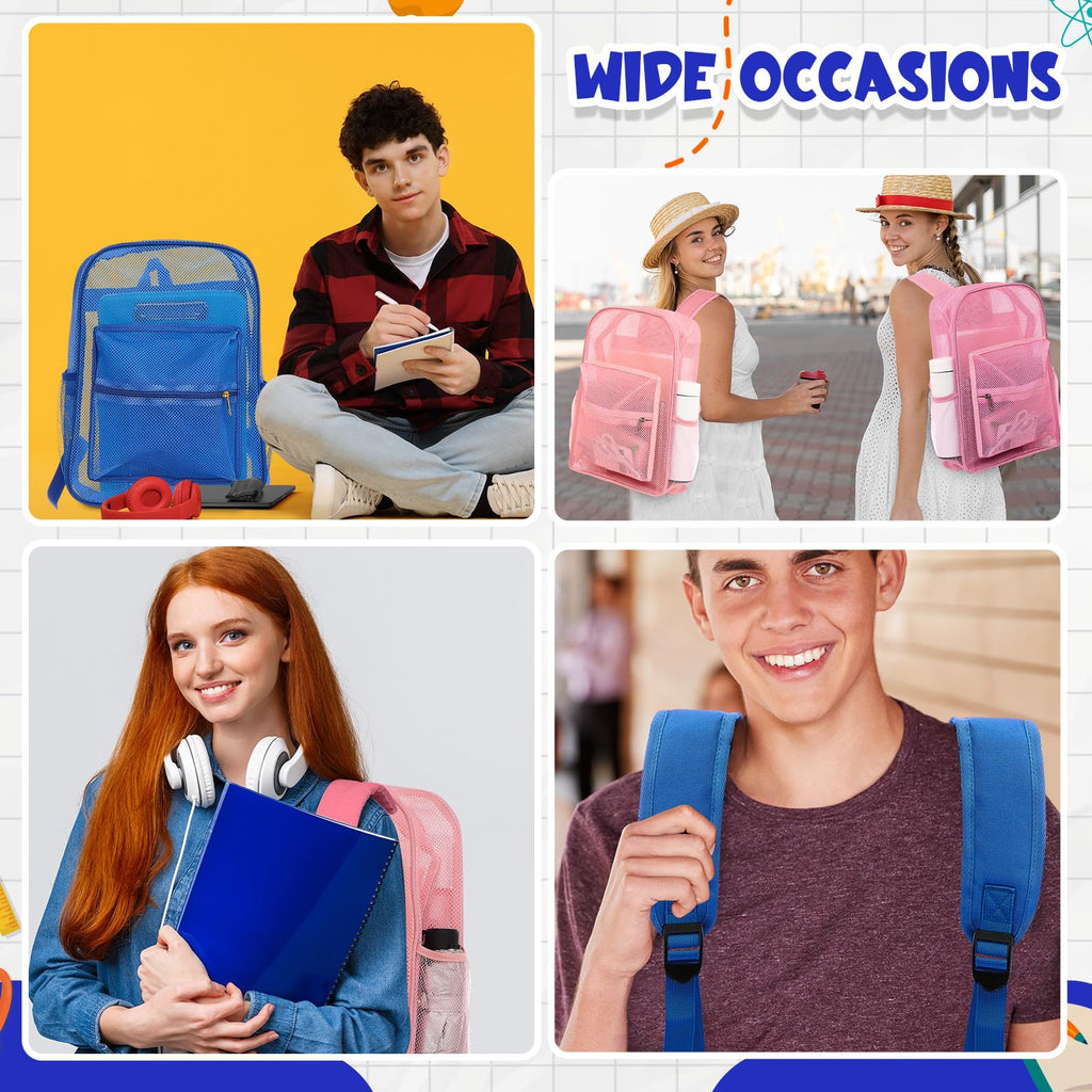 Amylove 6 Pcs Mesh Backpack Bulk 17 Inch See Through Heavy Duty Mesh Bookbags for Sports Travel Donation Charities (Colorful)