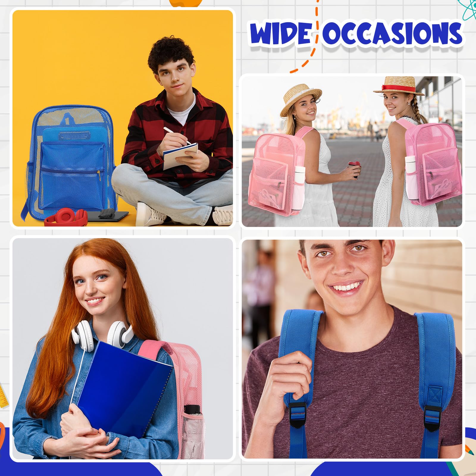 Amylove 6 Pcs Mesh Backpack Bulk 17 Inch See Through Heavy Duty Mesh Bookbags for Sports Travel Donation Charities (Colorful)