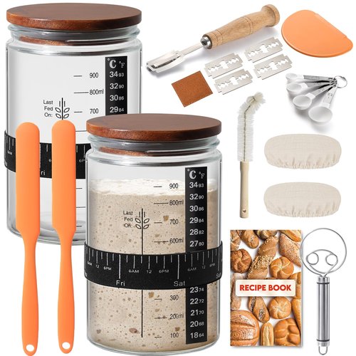 RYTOXILO Sourdough Starter Jar Kit, 34 Oz Glass Sour Dough Jars Wide Mouth for Beginners, 10 Pcs Bread Starter Container Set with Acacia Wooden Lid, Glass Jar with Bread Baking Supplies