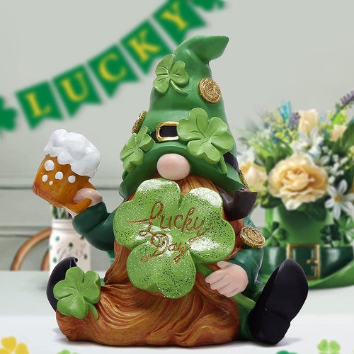 Hodao Green St. Patrick's Day Gnome Figurine - 6" Handmade Resin Elf for Spring Decor
