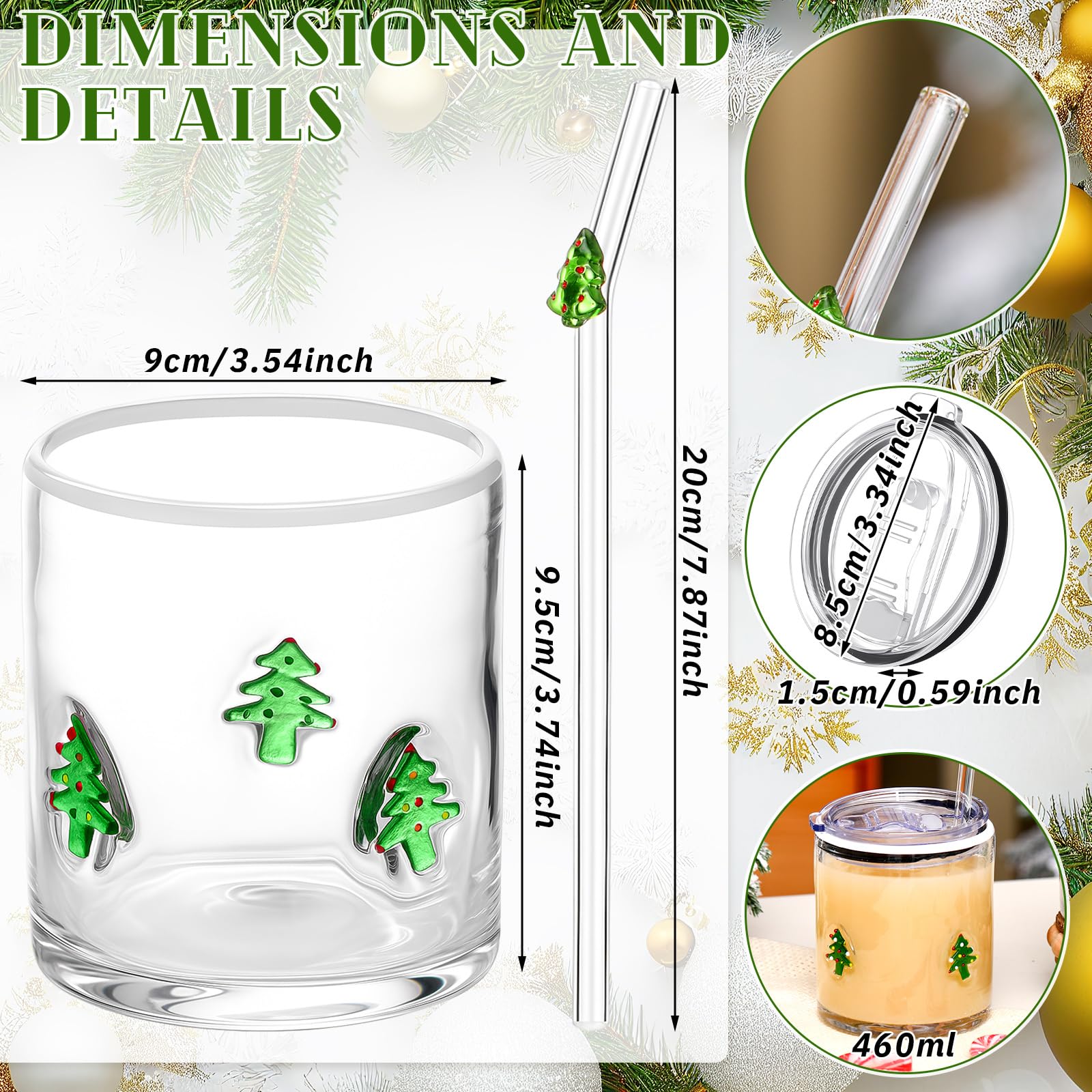 Patelai 2 Pcs Christmas Tree Icon Glasses Cups with Lids and Straws 15oz Reusable Drinking Iced Coffee Glass Cups Cute Xmas Tumbler Gifts for Christmas Adults Women Men Holiday Stocking Stuffer