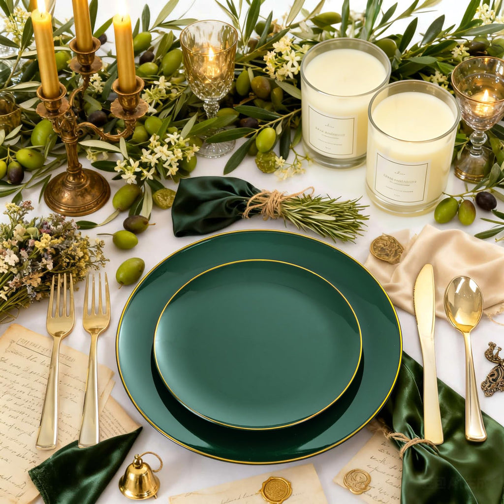 YOUBET 125PCS Green Plastic Plates - Green Disposable Plates With Gold Rim Include 25 Dinner Plate, 25 Dessert Plate, 75 Gold Plastic Silverware for Party Wedding