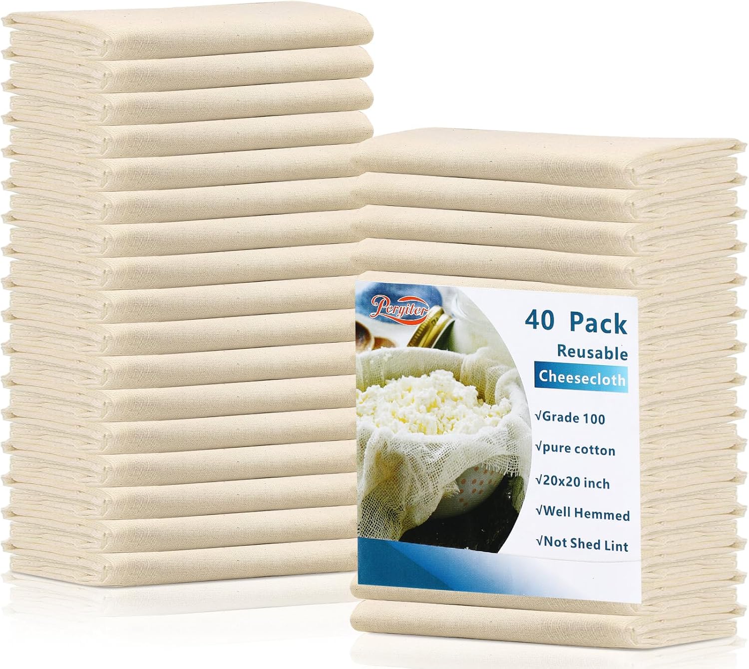 Peryiter Cheese Cloth - 40 Pcs 20x20 Inch Unbleached Cotton for Straining & Cheese Making