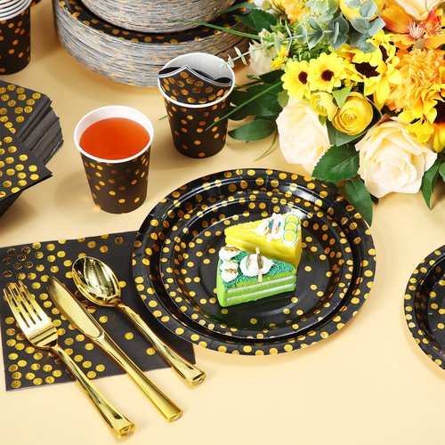 700 Pcs Black and Gold Party Supplies,Severs 100 Guests Disposable Dinnerware Kits Black Gold Paper Plates Napkins Cups Gold Plastic Forks Knives Spoons for Wedding Birthday Graduation Party