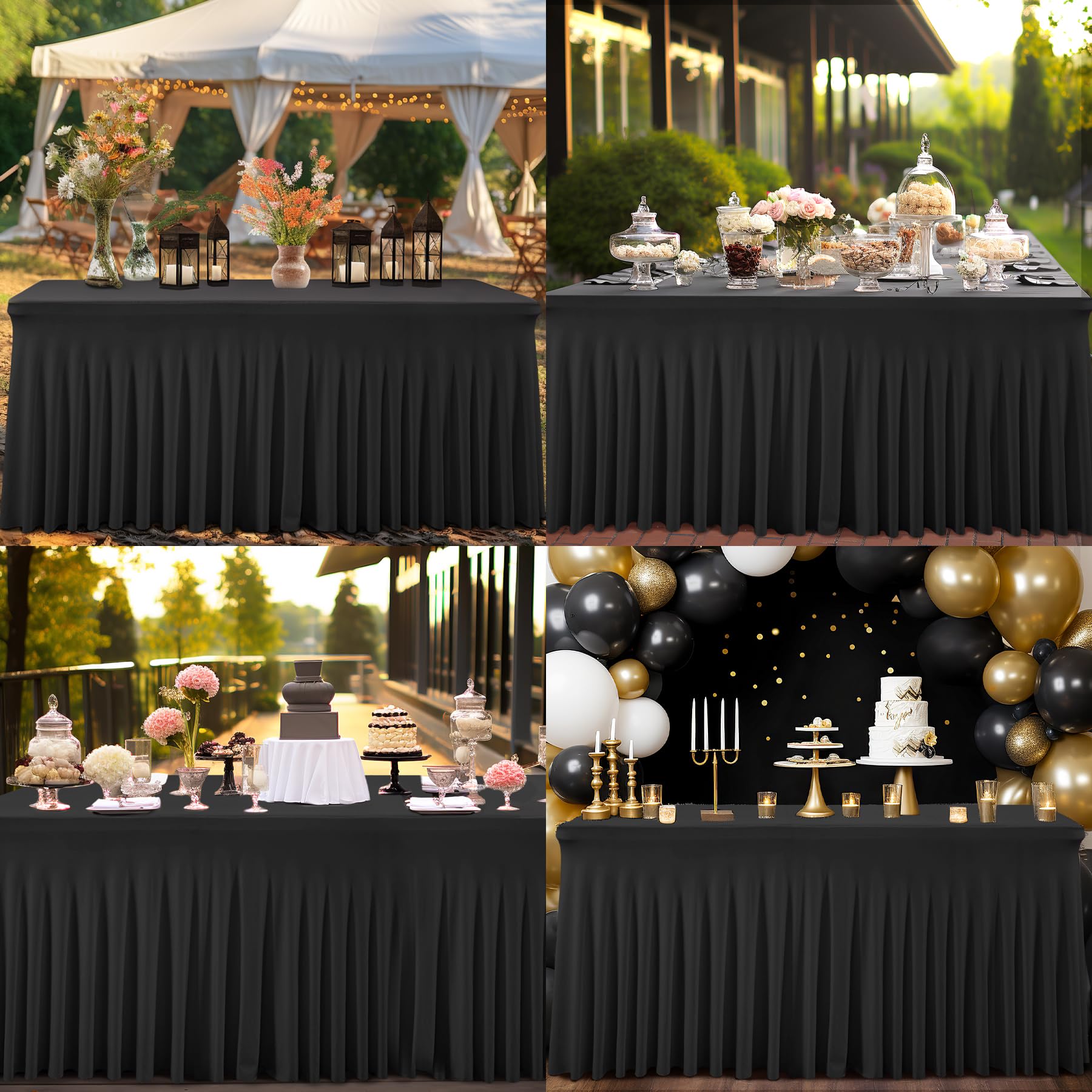 Shillance 6 Packs Black Spandex Table Covers 6 Foot, Fitted Stretch Table Cloth with Skirts 72x30 Inch, Wrinkle-Free Floor Length Rectangle Tablecloths for Trade Show Weddings Parties Banquets Events