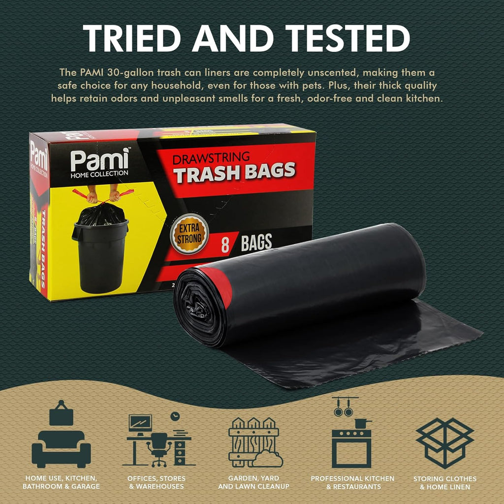 PAMI 30-Gallon Drawstring Trash Bags - Extra-Strong Black Garbage Liners | 8-Pack for Kitchen & Outdoor Use