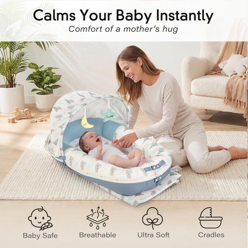 JollyBoo® Deluxe Infant Lounger Pillow - Portable Bamboo-Cotton Baby Nest with Sunshade & Toys | Soft, Breathable Mesh for Ages 0-24 Months (Blue Elephant)