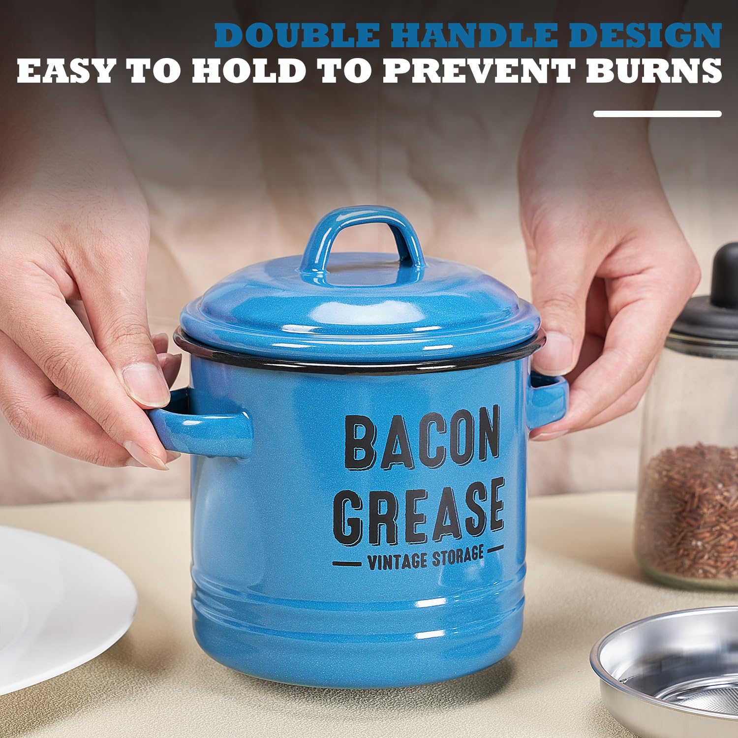 ONEARF Bacon Grease Container with Strainer - Large 46OZ Kitchen Oil Storage Can, Food Saver Bin with Lid | Farmhouse Cooking Pot Keeper Collector, Dishwasher Safe - Blue