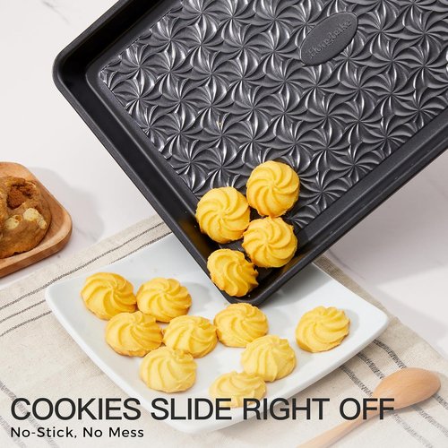 HONGBAKE Nonstick Baking Sheet Pan Set - Heavy Duty 0.8mm Thick Cookie Sheets | Floral Swirl Texture, Dark Gray