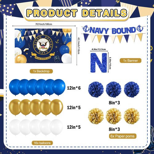 Navy Party Decorations - Navy Bound Banner Boot Camp Decor Military Themed Banner Boot Camp Bound Cupcake Topper Military Backdrop Balloons Tissue Pompoms Swirls