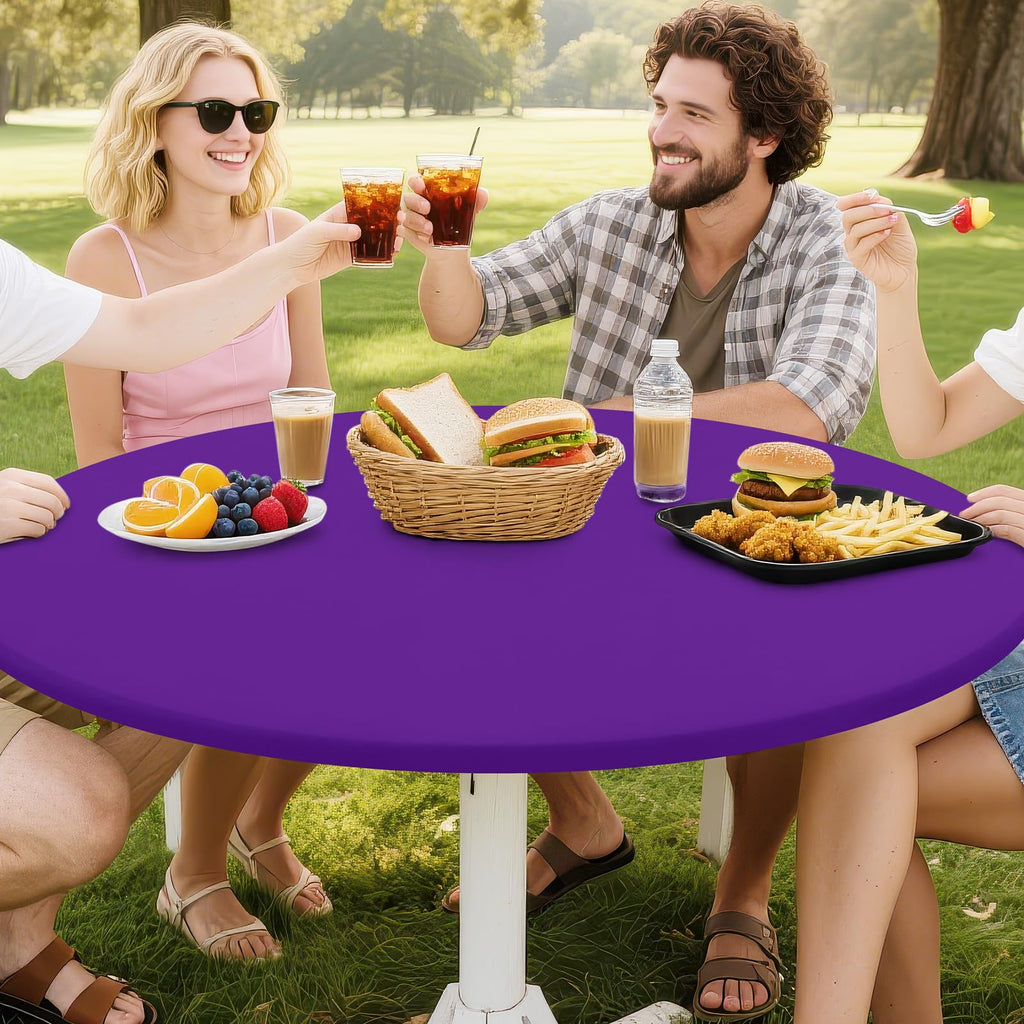 Smiry Round Spandex Tablecloth, Elastic Fitted Washable Tablecloths for 57"-68" Tables, Waterpoof Stretch Picnic Table Cover for Dining, Indoor and Outdoor, Purple