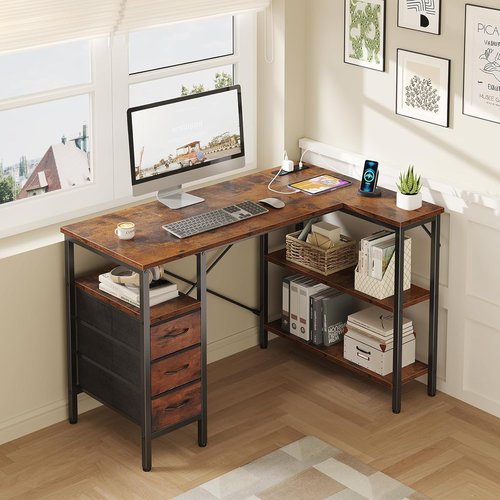 DUMOS L-Shaped Desk - 47-Inch Brown Corner Computer Desk with Power Outlet & Adjustable Shelves | Home Office Furniture