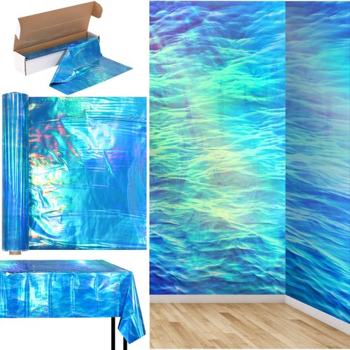 Hallswl Iridescent Ocean Wave Tablecloth Roll 100ft x 54in Blue Plastic Disposable