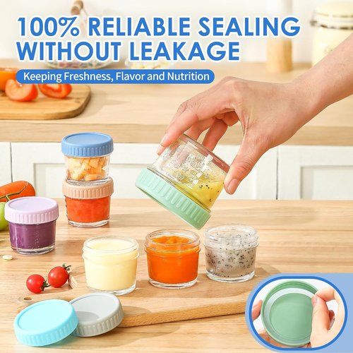 DRKIO 6 Pack Glass Baby Food Storage Containers - 4 Oz Leak Proof Jars with Lids | Microwave & Dishwasher Safe