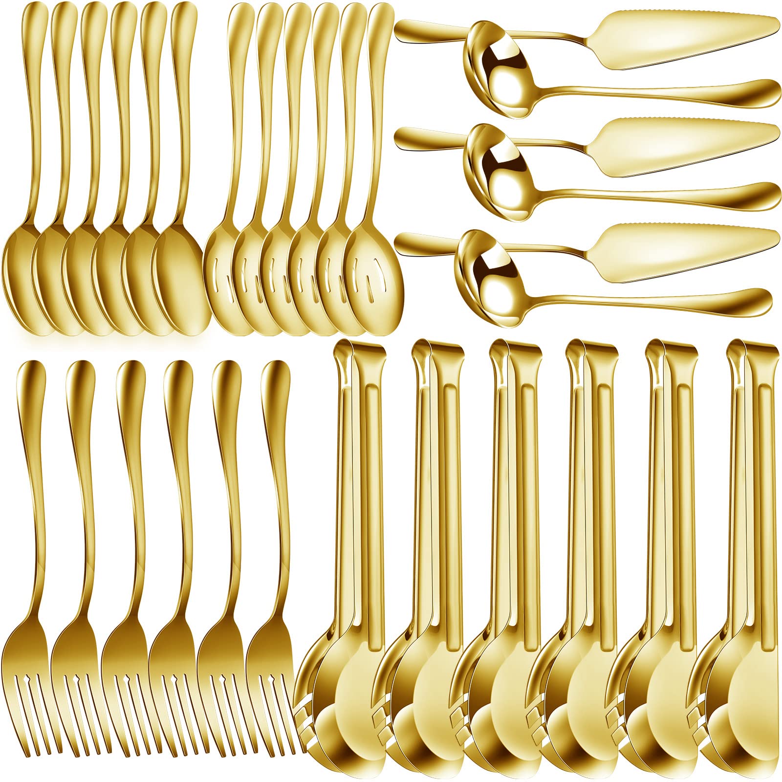 Thenshop 30 Pcs Stainless Steel Serving Utensils Set Flatware Set Include Large Serving Spoons Slotted Spoons Forks Soup Ladle Pie Server and Tongs for Buffet Party(Gold)