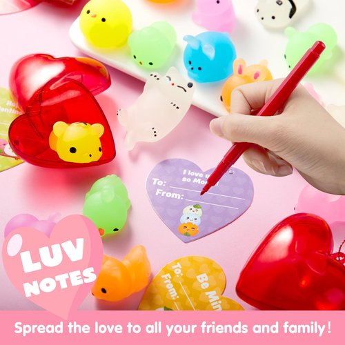 JOYIN 28 Packs Valentines Day Gifts for Kids, Glow Mochi Squishy Toys with Heart Funny Valentines Day Cards for Kid School Classroom Exchange Prize, Stress Relief Fidget Toy for Valentine Party Favor