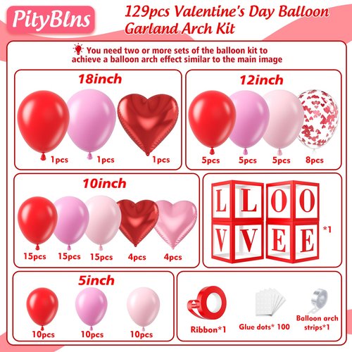 PityBlns Valentine's Day Balloon Arch Kit - Valentines Boxes with "LOVE" Letter Red Pink Heart Foil Balloons and Latex Balloons Garland Kit for Valentines Day Galentines Anniversary Party Decorations