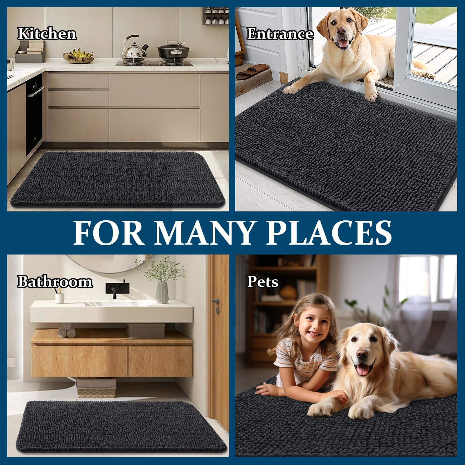 OLANLY Dog Door Mat - Absorbent Non-Slip Chenille Mat for Muddy Paws | 48x30 Inches, Dark Grey