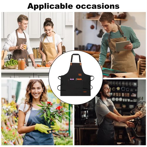 YAKOTAKI Chef Aprons for Women Men with Pockets(Functional and Large), Oil-Repellent & Water-Resistant Heavy-Duty Black Canvas with Adjustable Straps, Full-Coverage Protection for Cooking, Kitchen