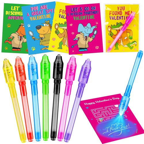 28PCS Spy Pens Valentines Day Gifts for Kids School Magic UV Light Pen Valentine Exchange Cards for Kids Classroom Toddler Boy Girl Valentine’s Class Party Favors Goodie Bag Stuffers Bulk Prizes