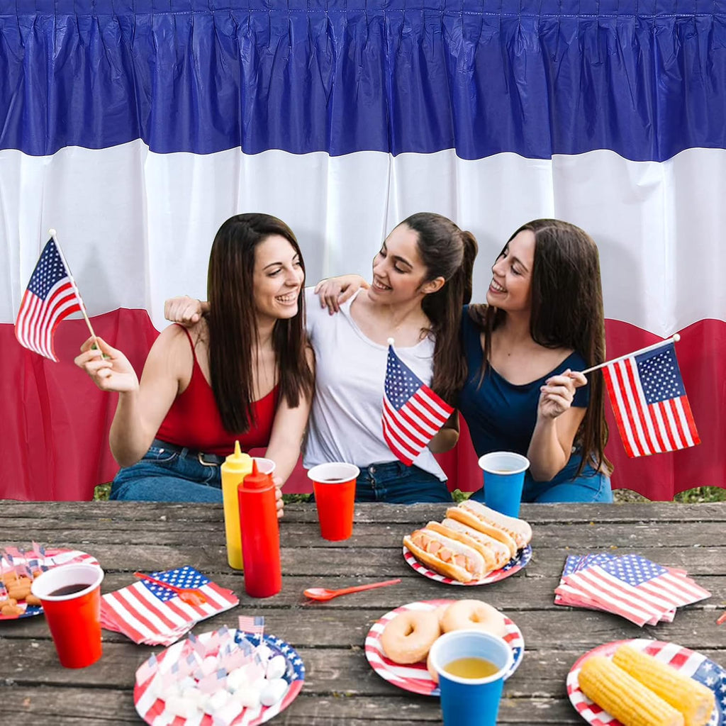Patriotic 4th of July Table Skirts by [Brand Name] - Red, White & Blue Disposable Decorations | 2.4 x 14 Ft