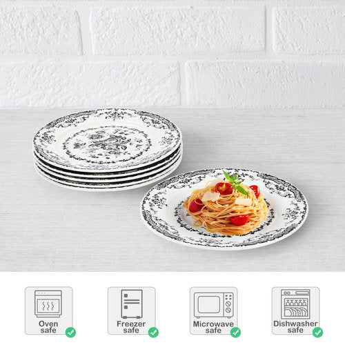 HomeElves Dinner Plates Set of 6, Ceramic Kitchen Plates Microwave Safe Plates, 10.5 Inch Porcelain Dinner Plates Floral, Black