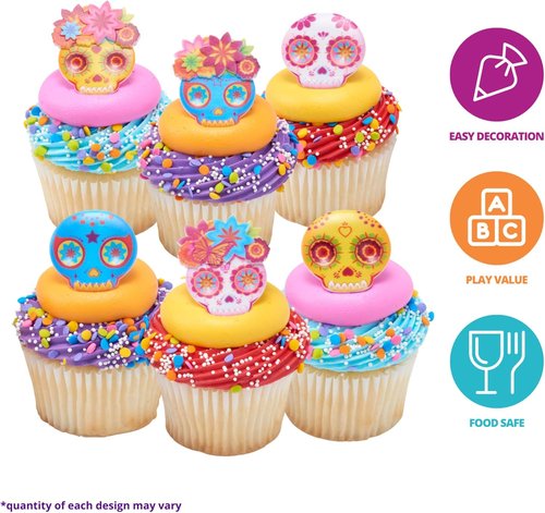 DecoPac Calavera Mask Cupcake Toppers - 24 Día de los Muertos Skull Rings for Celebrations & Parties