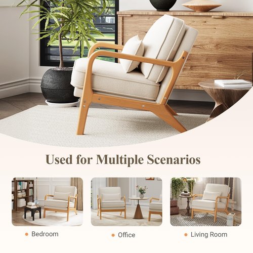MALOL Mid-Century Accent Chair with Solid Wood Frame, Reading Relaxing Armchair Lumbar Pillow& Soft Cushion, Leisure Chair for Living Room, Bedroom, Waiting Room-Beige