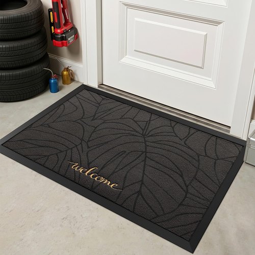 LUMI Premium Front Door Mat 24"x36", Non-Slip Heavy Duty Rubber Welcome Mats, Embroidered Tree Dirt Trapper Doormat for Indoor Outdoor Entryway, Porch, Patio, Grey Gold Monstera