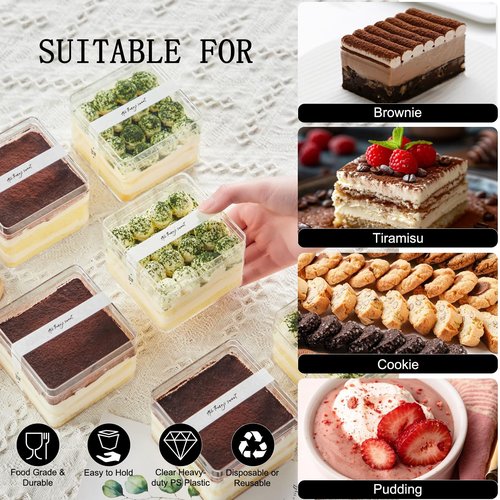 Plastic Square Dessert Cups Boxes with Lids and Sporks,packaging for baked,Cookie Tiramisu Containers for Fruit,Pudding,Mousse,Parfait Cups With Lids(20, 12oz 3.3 * 3.3 * 2.5in boxes+Sporks+Stickers)