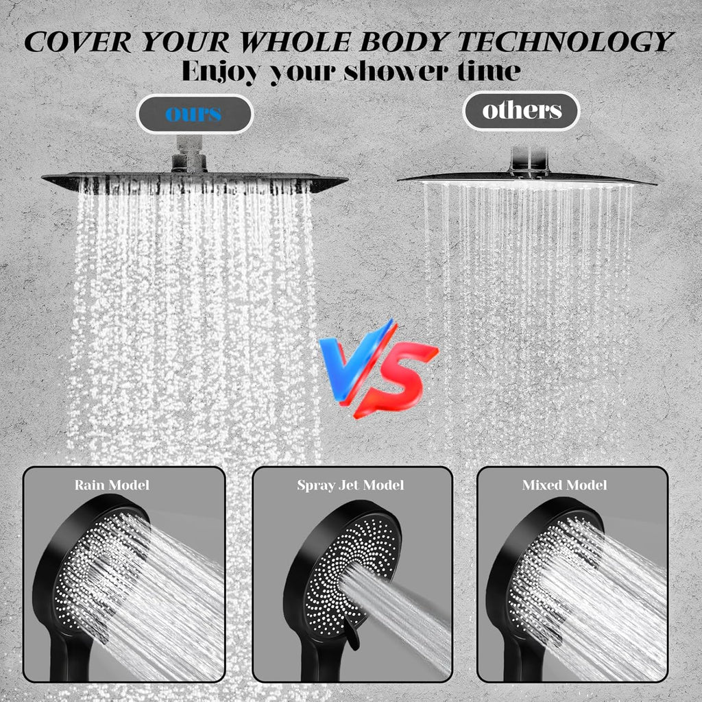 Skiennix 10” Rain Shower Head - High Pressure Handheld Spray Combo with Adjustable Arm | Matte Black