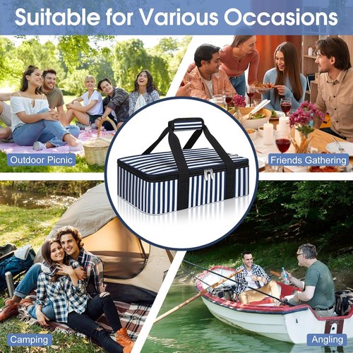 Insulated Casserole Carrier by [Brand Name] - Portable Hot & Cold Food Tote for Potluck Parties | Fits 9" x 13" Baking Dish - Blue Stripes