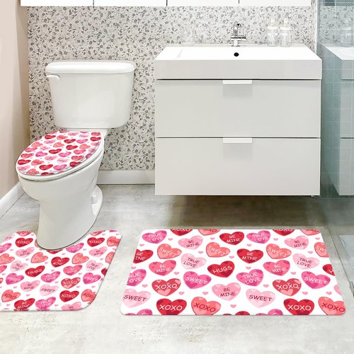 MEHOFOND 4pcs Valentines Shower Curtain Set Pink and Red Conversation Hearts Shower Curtain Sets for Valentine Heart Candy Bathroom Decor Curtains with Non-Slip Rugs Toilet Lid Cover and Bath Mat
