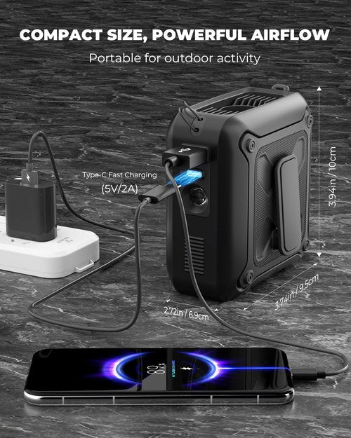 Portable Waist Fan Clip on Belt Under Shirt w/LED Display & Flashlight, 8000mAh Battery Powered, Rechargeable 5-Speed 14600RPM Personal Cooling Fan for Construction, Warehouse, Outdoor Jobsite,Black