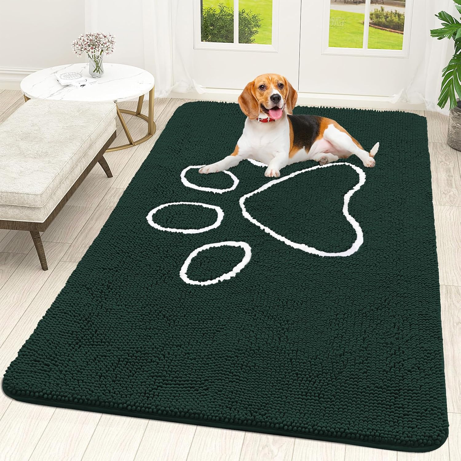OLANLY Dog Door Mat - Absorbent Non-Slip Chenille for Muddy Paws | 59x35 Inches, Blackish Green