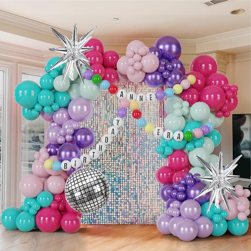 178pcs Pink Purple Blue Balloon Garland Disco Ball Custom Bracelet Banner Kits For Teenage Party Decorations Music Fans Princess Themed Photo Backdrop Birthday,Bachelorette Party