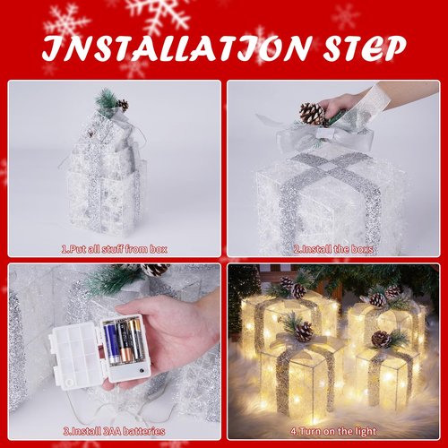 COVFEVER Set of 4 Christmas Lighted Gift Boxes, Pre-lit Light up Present Set with Different Sizes for Holiday Indoor Outdoor Decorations - Battery Operated(Warm White)