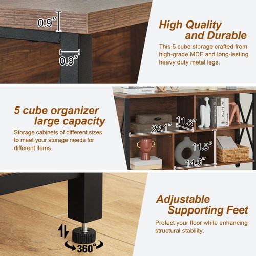 HOMISSUE Cube Storage Organizer Shelf, Rustic Horizontal Bookshelf with 5 Cubes, Industrial Short Wide Bookcase with 3 Tier Shelves, Low and Long Cubby Bookshelf for Living Room, Office, Brown