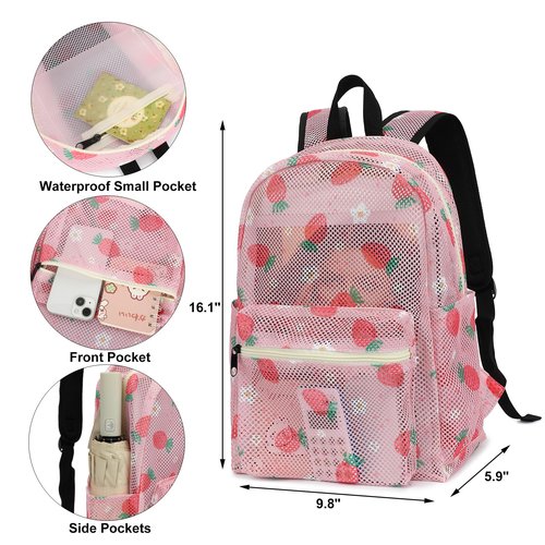 Xunteny Strawberry Mesh Backpack for Girls Women, Semi-Transparent Kids School Backpack College Bookbag for Beach Gym Travel