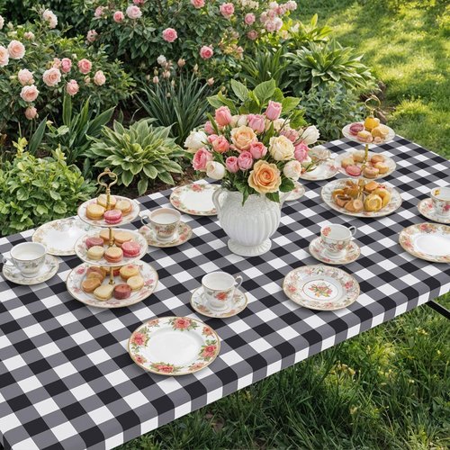 Smiry Rectangle Picnic Table Cloth, Elastic Waterproof Fitted Vinyl Tablecloths, Flannel Backed Buffalo Plaid Table Covers for Dining, Camping, Outdoor (Black and White, 24" x 48")