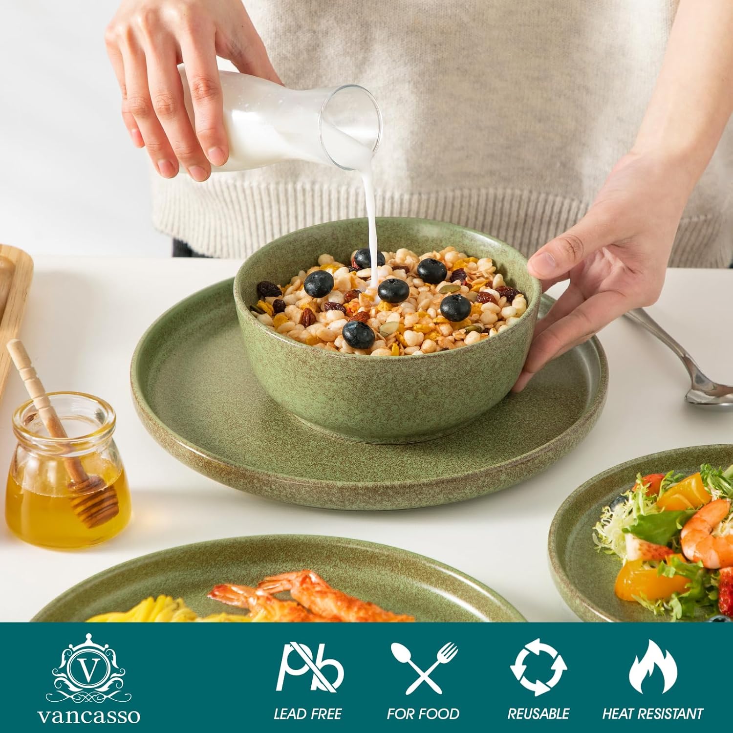 Vancasso ZERMATT Dinnerware Set for 8 - 24 Pieces Scratch Resistant Stoneware | Dishwasher & Microwave Safe, Green
