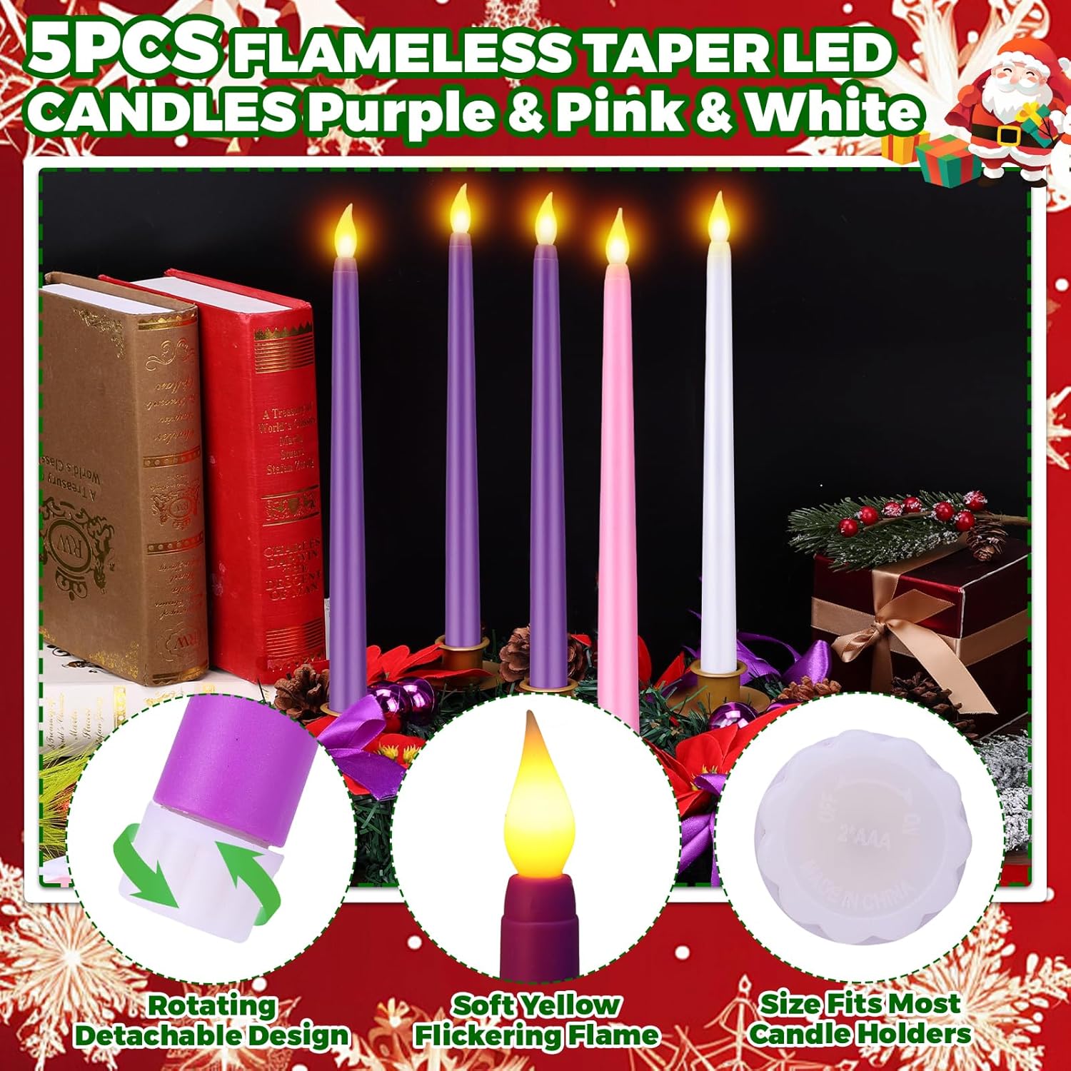Skiennix 11-Inch Christmas Advent Wreath - 5 Flameless Taper Candles with Ribbon, Pine Cones & Poinsettias in Purple, Pink & White for Festive Table Decor